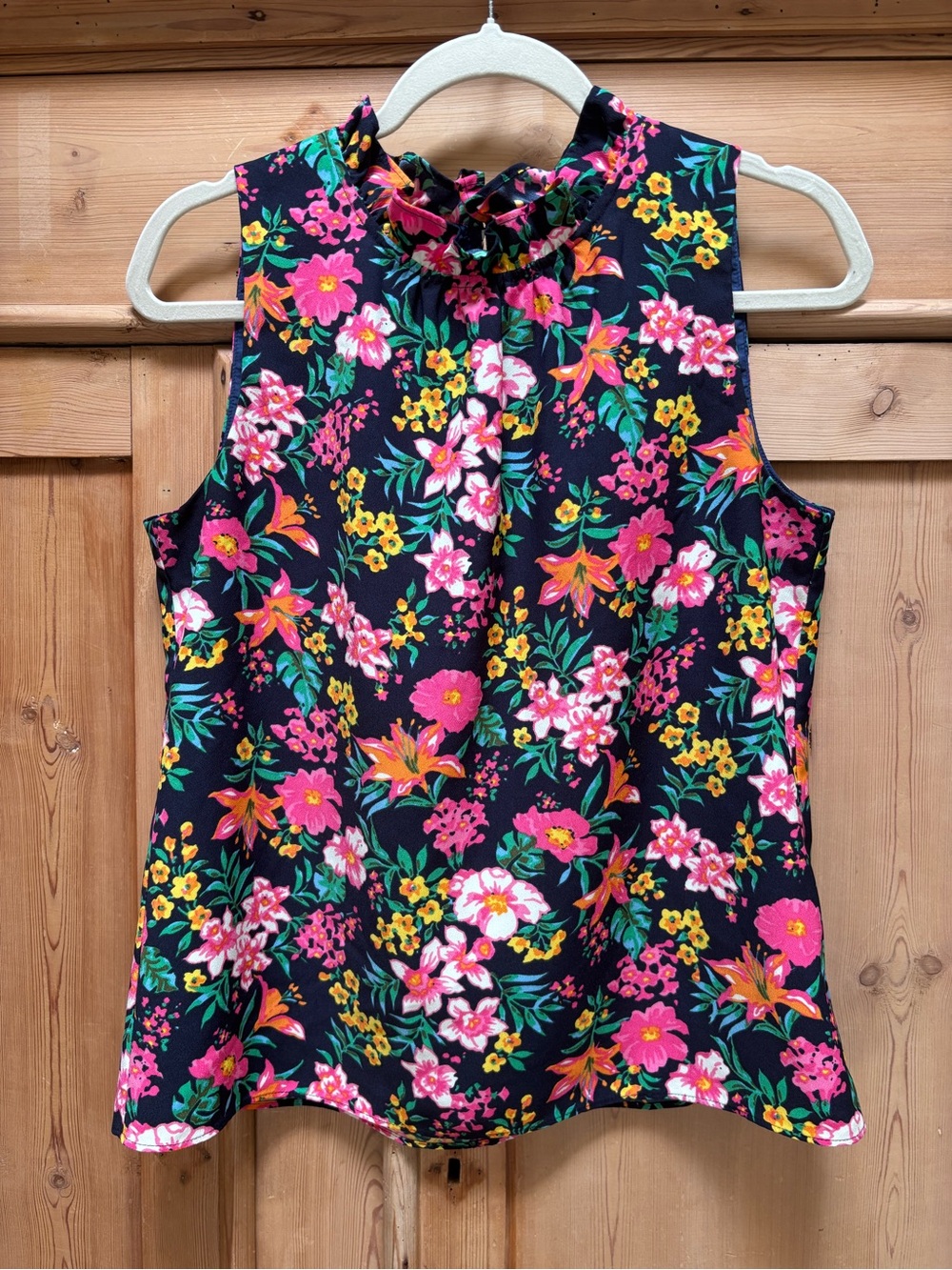 J. Crew Blue Floral Ruffle-Neck Sleeveless Top Size S